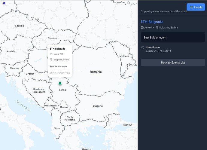 Map View Option 2 - a 2d interactive map, in this case showing a zoomed in view, details on the clicked event, alongside the sidebar pop-up showcasing further info on the event