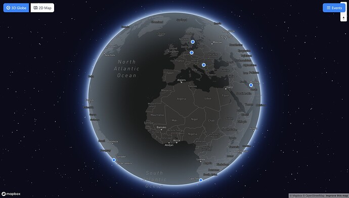 (Map view option 1 - a 3d rotating interactive globe showcasing Eth-aligned events