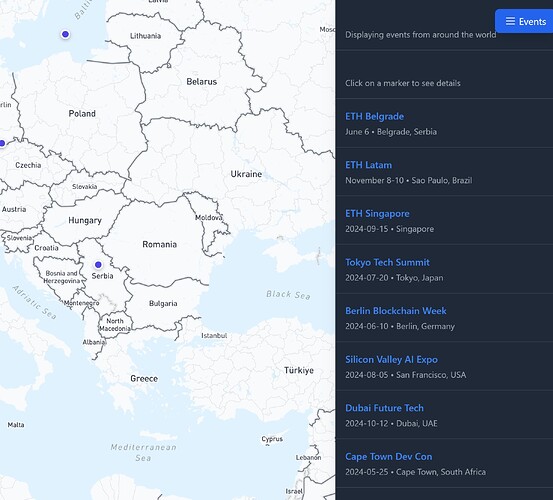 Map View Option 2 - a 2d interactive map, in this case showing a zoomed in area, and the list view on the side with all the events (date sorted)