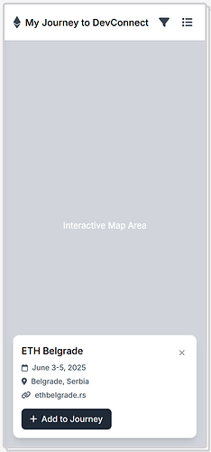 Mobile version, relevant info about the clicked event and a "Add To Journey" button